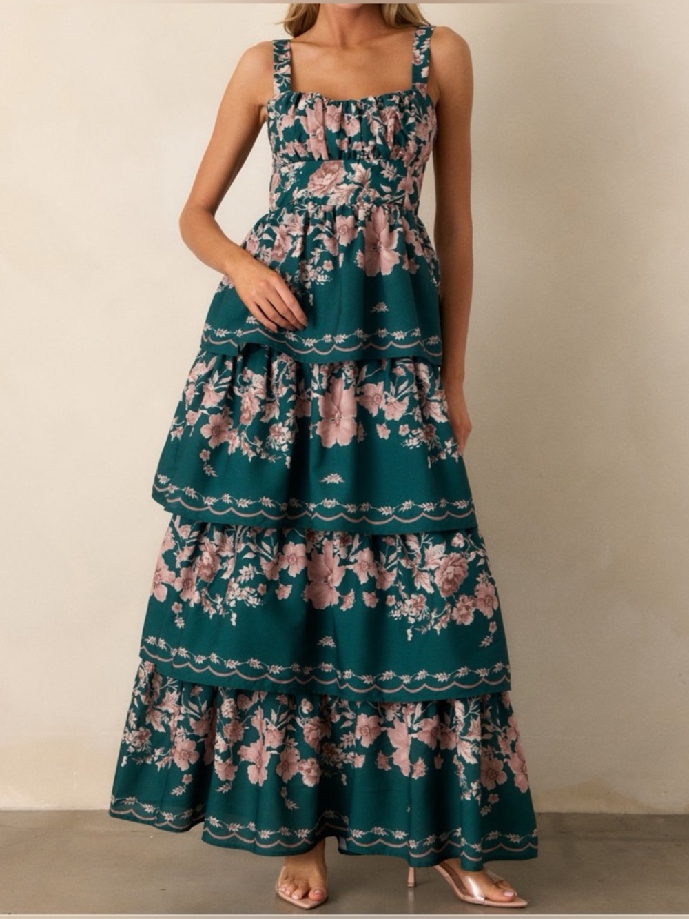 Mable Vivian Green Pink Flower Print Layered Maxi Dress M
